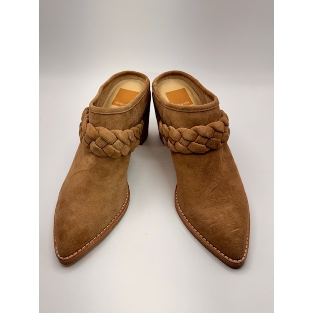 Dolce Vita Tan Suede Braided Block Heel Mules Pointed Toe Slip On Shoes Size 6.5 - Picture 2 of 13